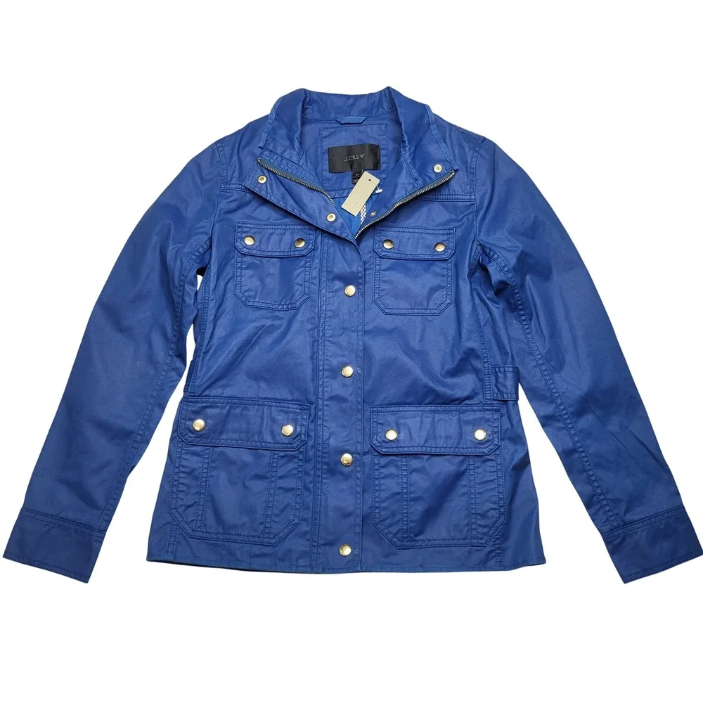 J Crew Downtown Field Jacket Blue Waxed Cotton Blue Stand Collar Military XS